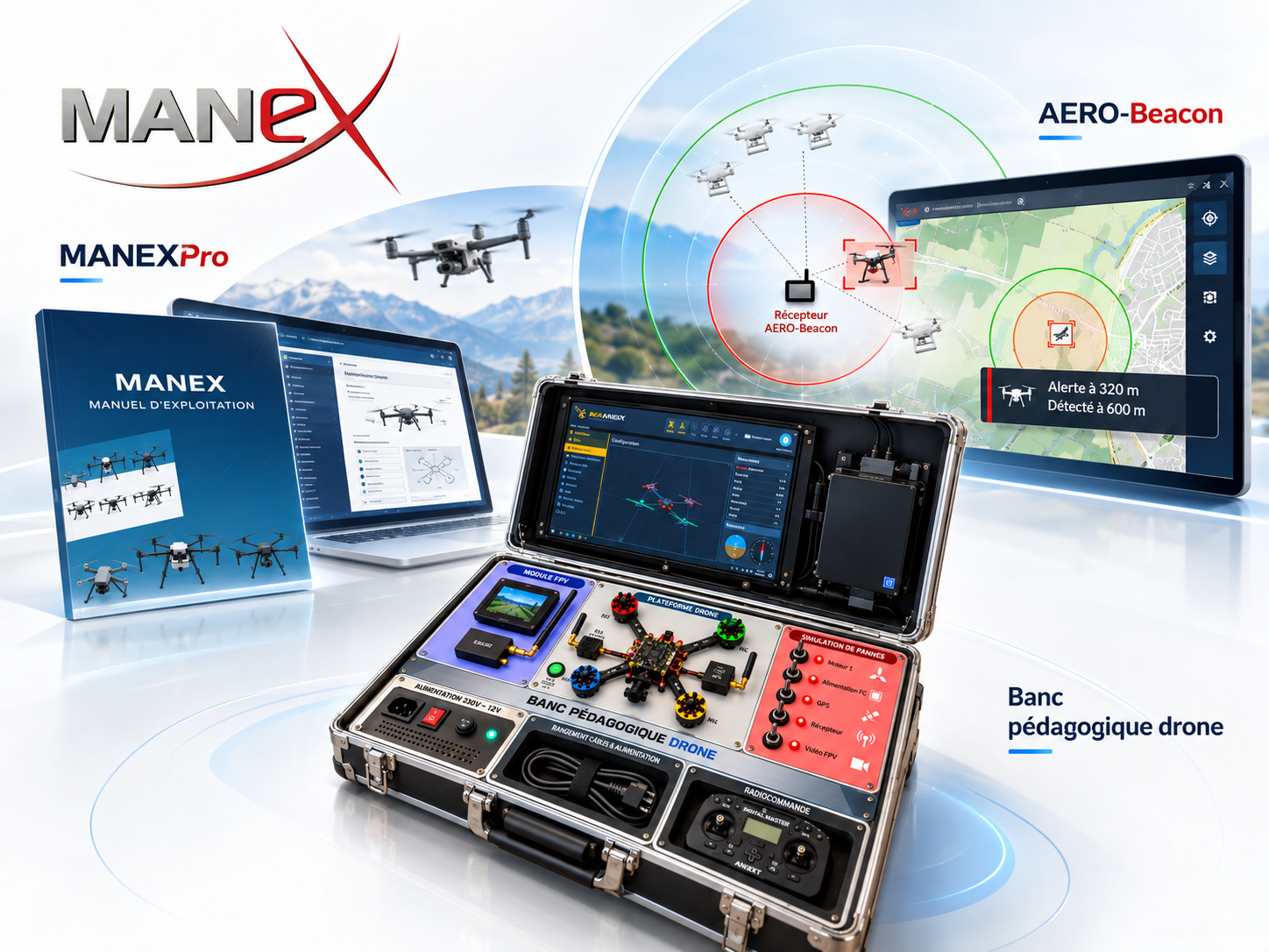 Solutions Aerodrone.pro : AERO-Beacon, banc pédagogique drone et MANEXPro